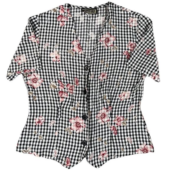 Niki Taylor vintage medium button down black & white checkered floral Vneck top - Picture 1 of 12